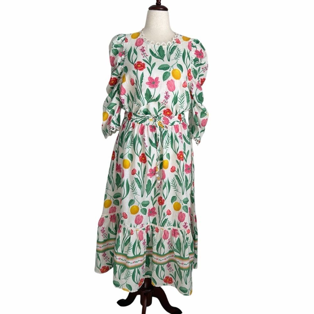 Rachel Zoe Botanical Floral Linen Blend 2 Piece Set Puff Sleeve Top & Skirt XL